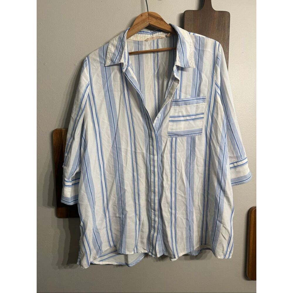 Soft Surroundings Blue White Striped Short Sleeve Button Up Shirt Size Petite Me